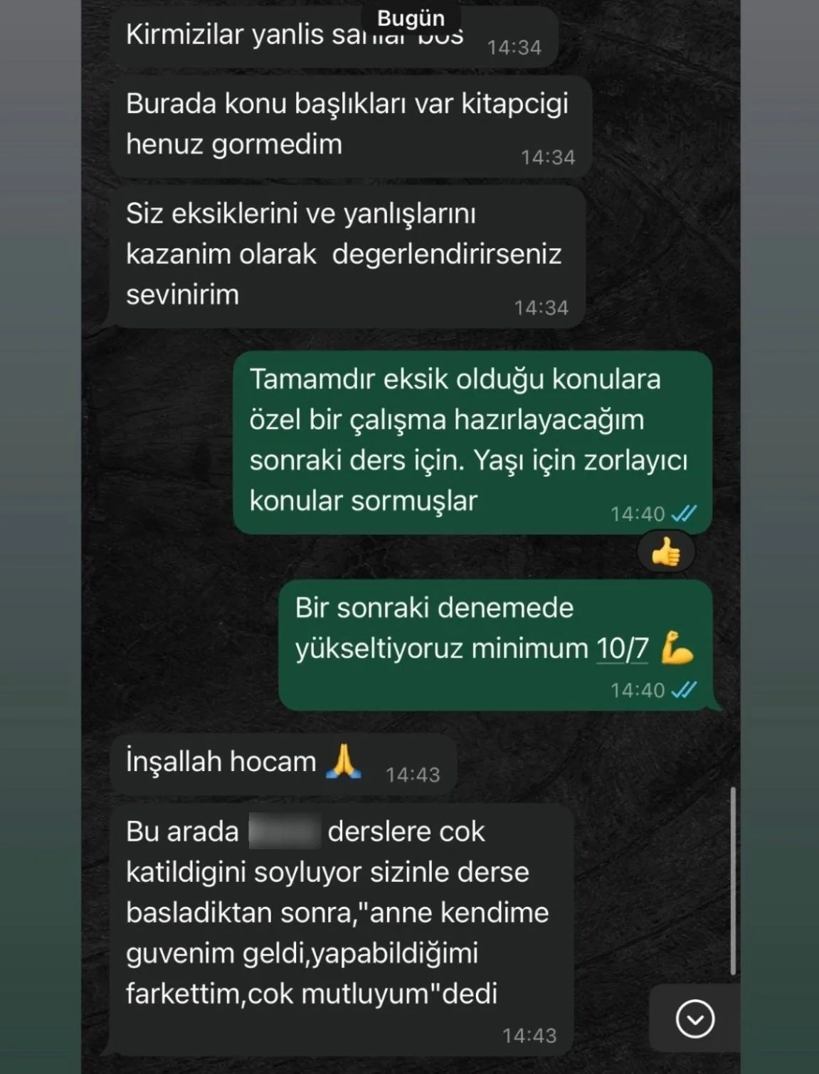 Nilgün Hanım'ın WhatsApp mesajı: çocuğunun derslerden sonra "anne kendime güvenim geldi, yapabildiğimi fark ettim, çok mutluyum" dediğini aktarıyor.